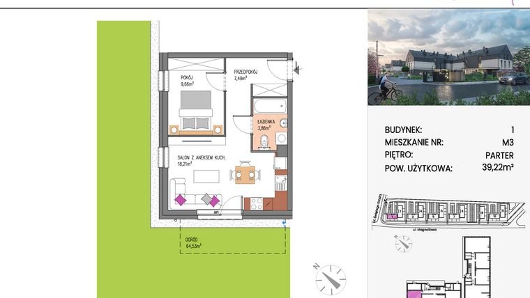 Rzut - Mieszkanie na sprzedaż 2 pokoje o powierzchni 39,22 m² - numer Bud.1-3 w Willa Magnolia