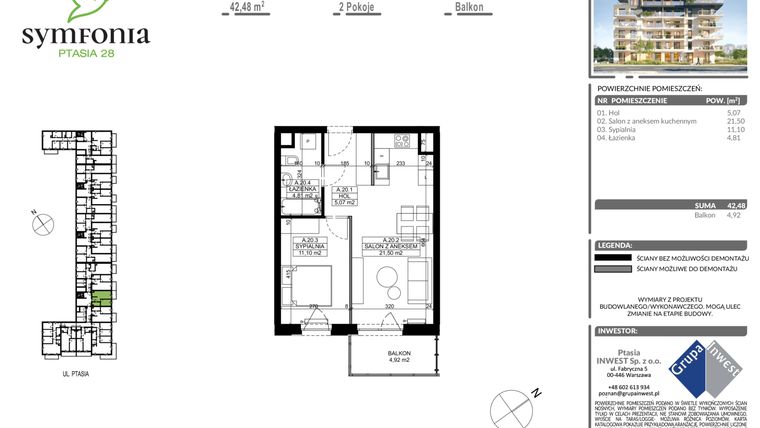 Rzut - Mieszkanie na sprzedaż 2 pokoje o powierzchni 42,48 m² - numer A.20 w Symfonia Ptasia 28