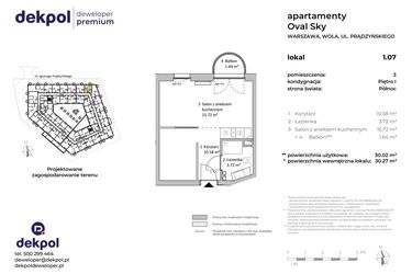 Rzut - Mieszkanie na sprzedaż 1 pokój o powierzchni 30,02 m² - numer 1.07 w OVAL SKY