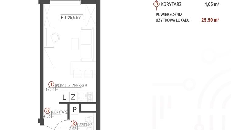 Rzut - Mieszkanie na sprzedaż 1 pokój o powierzchni 25,5 m² - numer 102 w Wróblewskiego 1