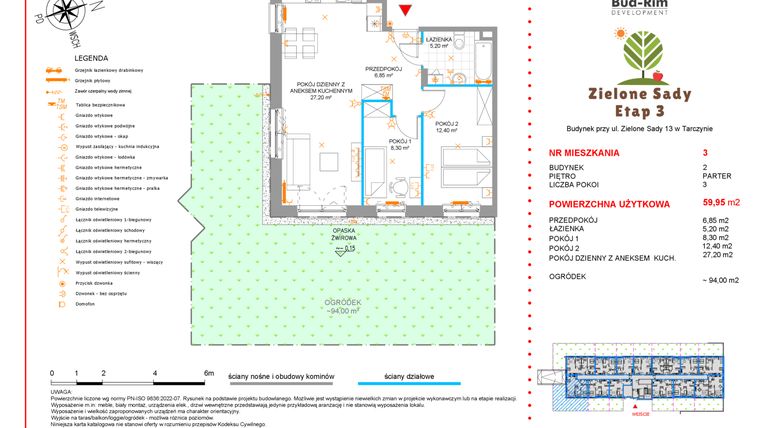 Rzut - Mieszkanie na sprzedaż 3 pokoje o powierzchni 59,95 m² - numer 3 w Zielone Sady etap III B2