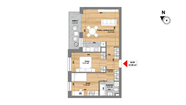 Rzut - Mieszkanie na sprzedaż 3 pokoje o powierzchni 57,95 m² - numer M69 w Przy Kochanowskiego