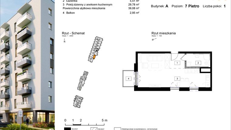 Rzut - Mieszkanie na sprzedaż 1 pokój o powierzchni 39,08 m² - numer A.100 w Osiedle Kochanowskiego - Gliwice