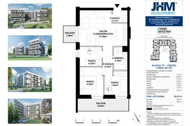 Rzut - Mieszkanie na sprzedaż 4 pokoje o powierzchni 57,91 m² - numer E103 w Nowe Wyżyny Apartamenty