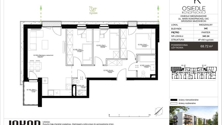 Rzut - Mieszkanie na sprzedaż 3 pokoje o powierzchni 68,72 m² - numer 34C.24 w Osiedle Konopnickiej