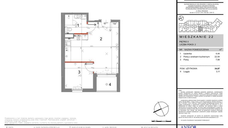 Rzut - Mieszkanie na sprzedaż 2 pokoje o powierzchni 34,87 m² - numer 22 w Zana 2