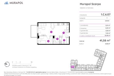 Rzut - Mieszkanie na sprzedaż 2 pokoje o powierzchni 41,58 m² - numer 1.C.6.07 w Murapol Scarpa