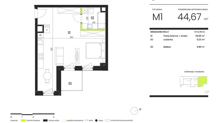 Rzut - Mieszkanie na sprzedaż 1 pokój o powierzchni 44,67 m² - numer NO.2.1 w Ogrody Staromiejskie