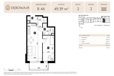 Rzut - Mieszkanie na sprzedaż 2 pokoje o powierzchni 49,39 m² - numer B.46 w Dębowa 45