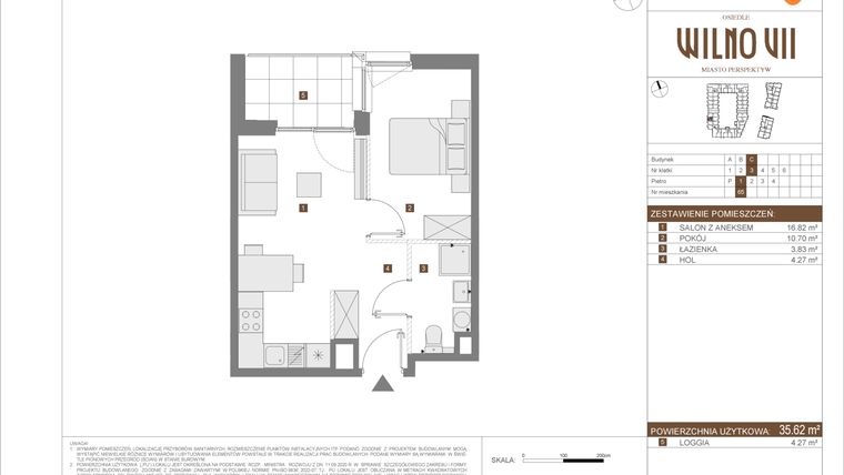 Rzut - Mieszkanie na sprzedaż 2 pokoje o powierzchni 35,62 m² - numer C.65 w Osiedle Wilno VII etap 3