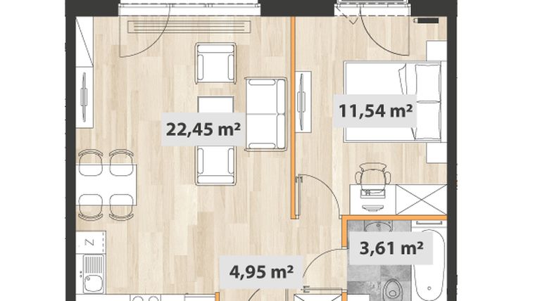Rzut - Mieszkanie na sprzedaż 2 pokoje o powierzchni 43,33 m² - numer A.06.07 w Na Okrzei