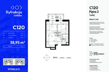 Rzut - Mieszkanie na sprzedaż 1 pokój o powierzchni 38,95 m² - numer C120 w Dyfrakcja Łódzka - bud. CD