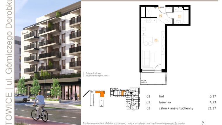 Rzut - Mieszkanie na sprzedaż 1 pokój o powierzchni 31,97 m² - numer B_44 w Zielony Nikiszowiec