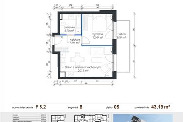 Rzut - Mieszkanie na sprzedaż 2 pokoje o powierzchni 43,19 m² - numer F 5.2 w Nowe Zabłocie