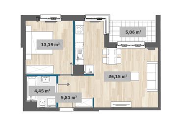Rzut - Mieszkanie na sprzedaż 2 pokoje o powierzchni 49,49 m² - numer F1.D.01.02 w Sady Żoliborz