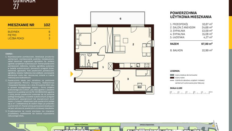 Rzut - Mieszkanie na sprzedaż 3 pokoje o powierzchni 67,99 m² - numer B.102 w Conrada 27