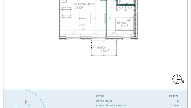 Rzut - Mieszkanie na sprzedaż 2 pokoje o powierzchni 45,04 m² - numer C6 w Dwa Jeziora CD