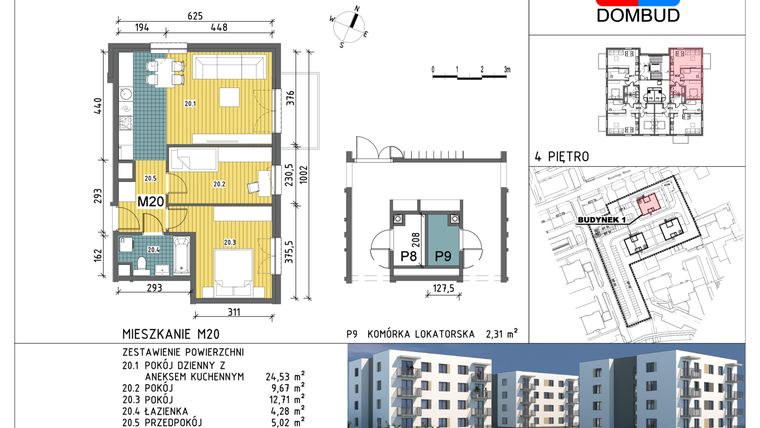 Rzut - Mieszkanie na sprzedaż 3 pokoje o powierzchni 56,21 m² - numer 1.20 w Witosa