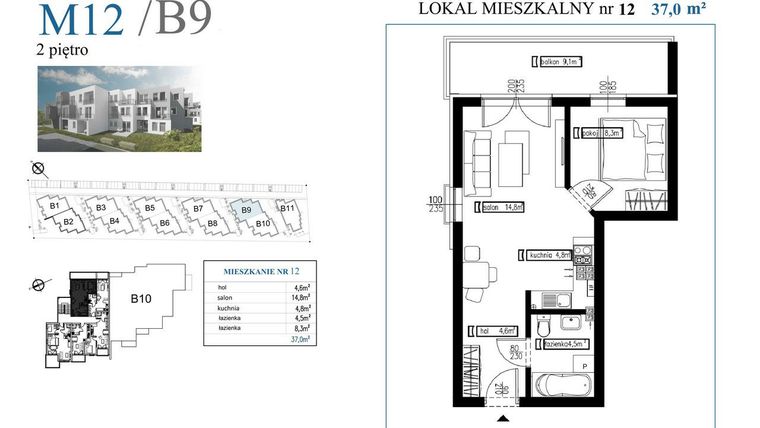 Rzut - Mieszkanie na sprzedaż 2 pokoje o powierzchni 37 m² - numer B9M12 w Przystań Rumia