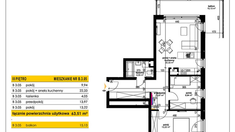 Rzut - Mieszkanie na sprzedaż 3 pokoje o powierzchni 63,6 m² - numer B 3.05 w Park Moniuszki II C