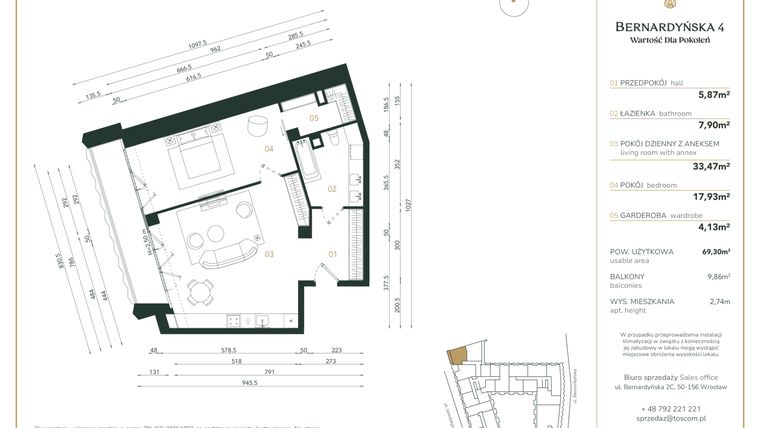 Rzut - Mieszkanie na sprzedaż 2 pokoje o powierzchni 69,3 m² - numer A/4/12 w Bernardyńska 4