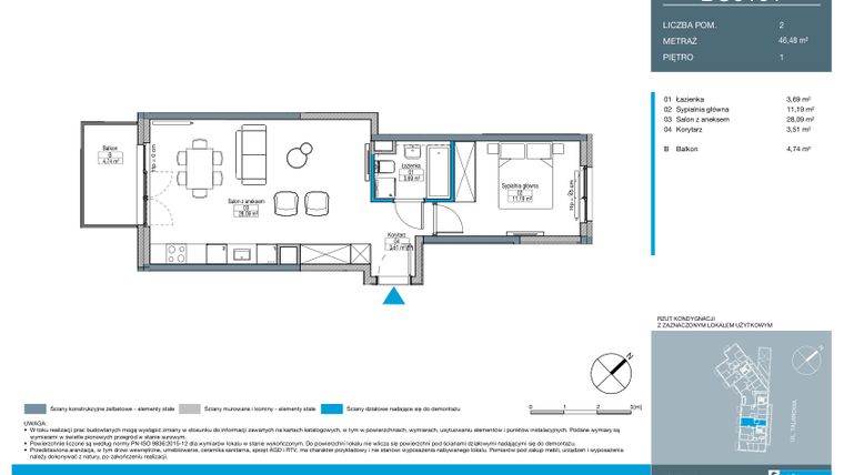 Rzut - Mieszkanie na sprzedaż 2 pokoje o powierzchni 46,48 m² - numer BC0101 w Talarowa Park