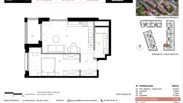 Rzut - Mieszkanie na sprzedaż 2 pokoje o powierzchni 47,49 m² - numer B1.1.84 w Browary Tarnowskie etap 1