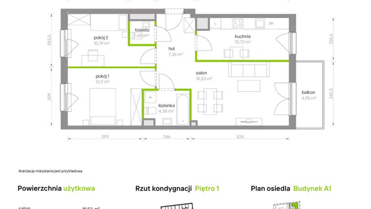 Rzut - Mieszkanie na sprzedaż 3 pokoje o powierzchni 66,54 m² - numer A1.1A7 w Bemowo Vita