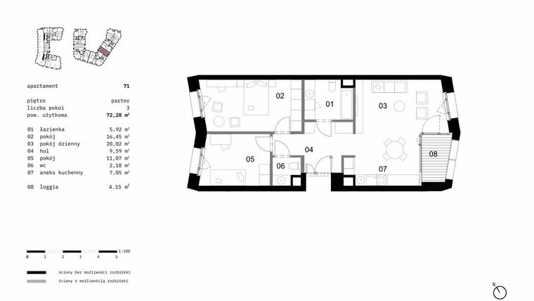 Rzut - Mieszkanie na sprzedaż 3 pokoje o powierzchni 72,28 m² - numer 71 w Solna 6