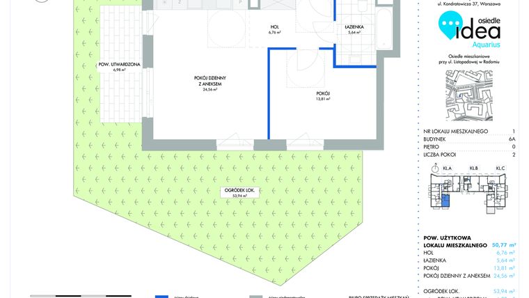 Rzut - Mieszkanie na sprzedaż 2 pokoje o powierzchni 50,77 m² - numer 6A/1 w Osiedle Idea Aquarius