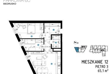 Rzut - Mieszkanie na sprzedaż 3 pokoje o powierzchni 65,1 m² - numer 6C.12 w Parkowa 6AC - ETAP III