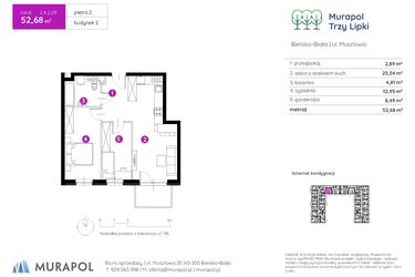 Rzut - Mieszkanie na sprzedaż 2 pokoje o powierzchni 52,68 m² - numer 2.A.2.09 w Murapol Trzy Lipki etap II