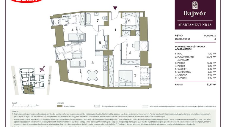 Rzut - Mieszkanie na sprzedaż 4 pokoje o powierzchni 82,61 m² - numer 18 w Dajwór