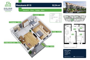 Rzut - Mieszkanie na sprzedaż 2 pokoje o powierzchni 52,84 m² - numer B1.13 w Zielone Tarasy
