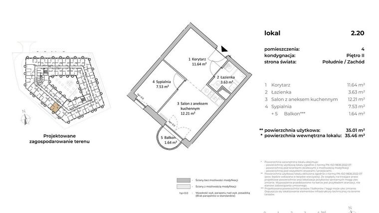 Rzut - Mieszkanie na sprzedaż 1 pokój o powierzchni 35,58 m² - numer 2.20 w OVAL SKY