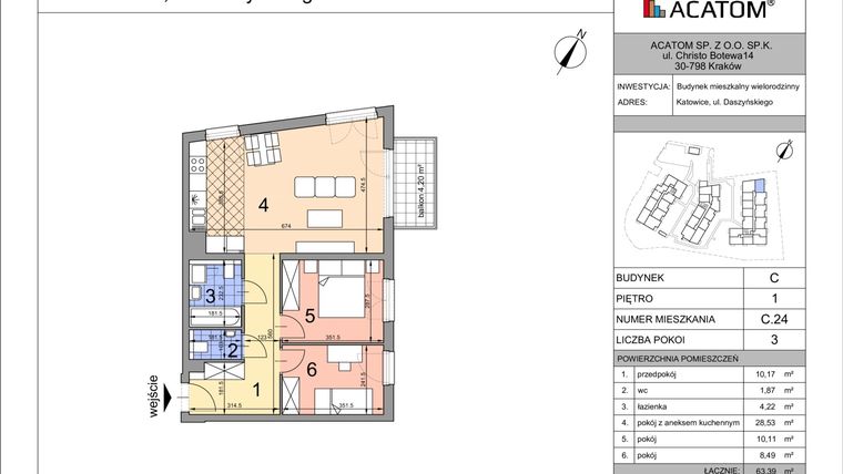 Rzut - Mieszkanie na sprzedaż 3 pokoje o powierzchni 63,39 m² - numer C24 w Daszyńskiego Park