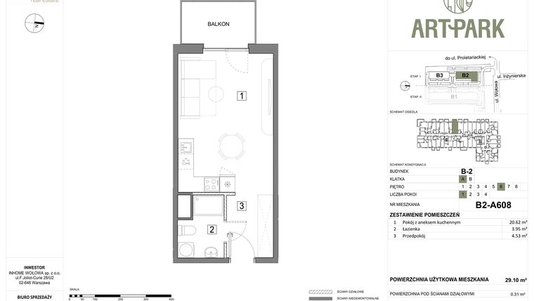 Rzut - Mieszkanie na sprzedaż 1 pokój o powierzchni 29,41 m² - numer B.2.A608 w ArtPark
