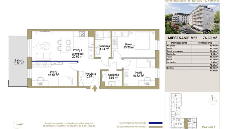 Rzut - Mieszkanie na sprzedaż 4 pokoje o powierzchni 76,3 m² - numer 66 w Barbary 19
