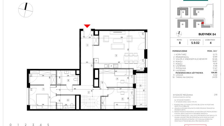 Rzut - Mieszkanie na sprzedaż 4 pokoje o powierzchni 106,85 m² - numer S.9.02 w CityFlow etap II