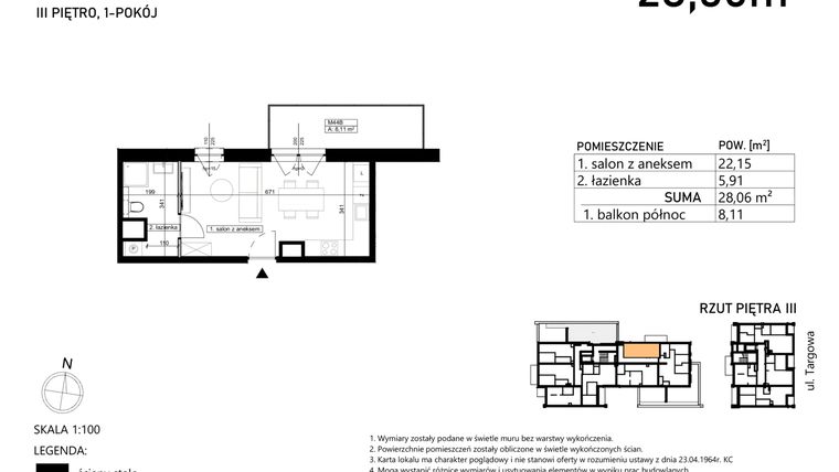 Rzut - Mieszkanie na sprzedaż 1 pokój o powierzchni 28,06 m² - numer M44 w Finezja