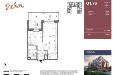 Rzut - Mieszkanie na sprzedaż 1 pokój o powierzchni 34,72 m² - numer G1/76 w Goplana budynek G