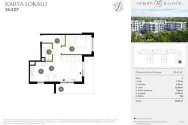 Rzut - Mieszkanie na sprzedaż 2 pokoje o powierzchni 54,63 m² - numer S6.3.07 w Ogrody Julianów