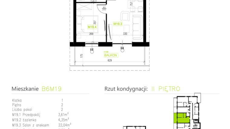 Rzut - Mieszkanie na sprzedaż 2 pokoje o powierzchni 39,59 m² - numer B6M19 w Osiedle Natura Park etap II