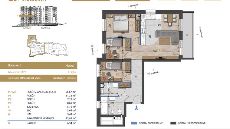 Rzut - Mieszkanie na sprzedaż 4 pokoje o powierzchni 72,63 m² - numer 27 w Osiedle Dakar Karolina