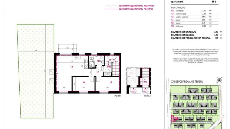 Rzut - Mieszkanie na sprzedaż 3 pokoje o powierzchni 51,36 m² - numer B1-2 w Aleja Kwitnącej Wiśni