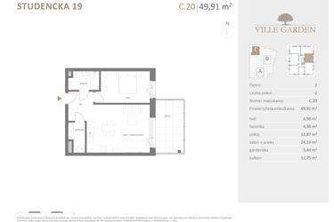 Rzut - Mieszkanie na sprzedaż 2 pokoje o powierzchni 49,91 m² - numer C.20 w Ville Garden