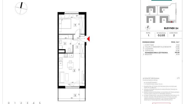 Rzut - Mieszkanie na sprzedaż 2 pokoje o powierzchni 46,08 m² - numer O.2.03 w CityFlow etap II