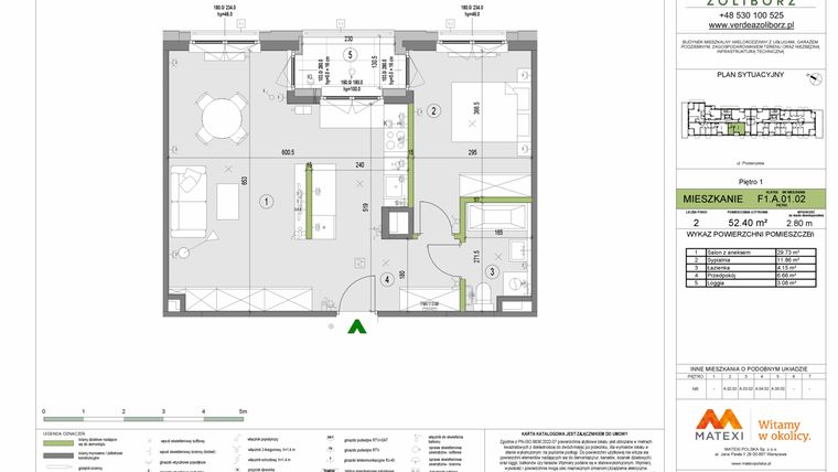 Rzut - Mieszkanie na sprzedaż 2 pokoje o powierzchni 52,4 m² - numer F1.A.01.02 w Verdea Żoliborz