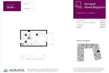 Rzut - Mieszkanie na sprzedaż 1 pokój o powierzchni 26,97 m² - numer 2.B.3.05 w Murapol Nowe Bogucice