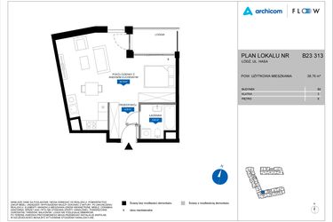 Rzut - Mieszkanie na sprzedaż 1 pokój o powierzchni 38,76 m² - numer B23 313 w Flow - bud. B2 A i bud. B2 B